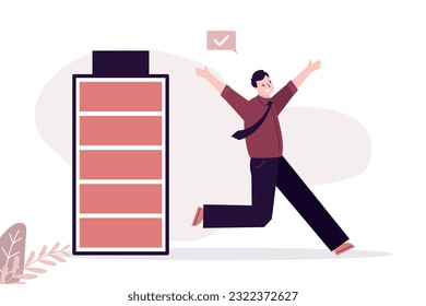 Happy businessman near battery with full level. Successful and strong male employee, stress resistance concept. Entrepreneur energized. Healthy and confident character in trendy style. Flat vector