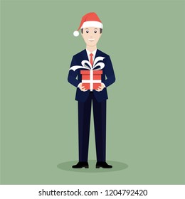 Happy businessman in a New Year's cap with a gift in hands on a green background. Flat illustration.