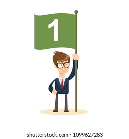 Happy businessman with number one flag. Start up business concept. Stock flat vector illustration.