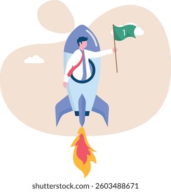 Happy businessman with the number one flag on a rocket ship launching to starry sky. Start up business concept.

