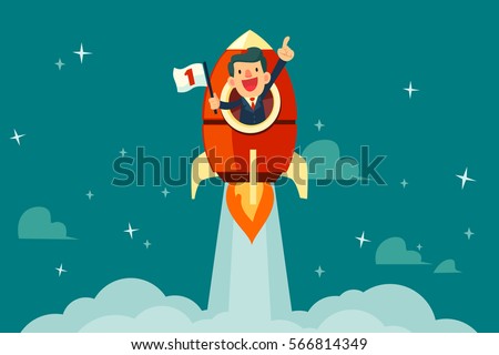 Happy businessman with number one flag on a rocket ship launching to starry sky. Start up business concept.