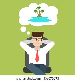 Happy Businessman in the office dreaming about vacation on tropical island 