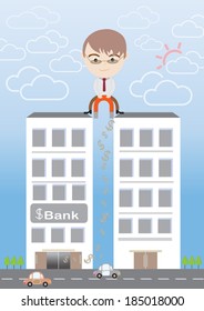 Happy Businessman on bank building using  magnet to attract  money. Concept for business profit attraction, economic growth and success. Vector EPS 10.    