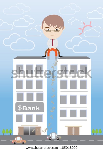 Happy Businessman on bank\
building using  magnet to attract  money. Concept for business\
profit attraction, economic growth and success. Vector EPS 10.   \
