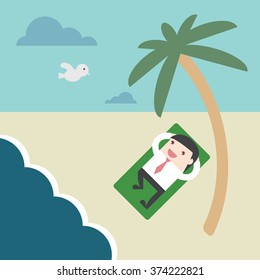 Happy businessman on the beach. Passive income for financial freedom. Flat design for business marketing banking advertisement office people life stock fund in minimal concept cartoon illustration.