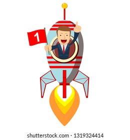 Happy businessman on a rocket ship launching to starry sky. Start up business concept. Stock flat vector illustration.