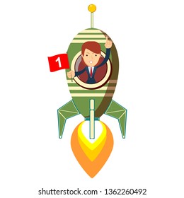 Happy businessman  on rocket ship flying through sky. Start up business concept.