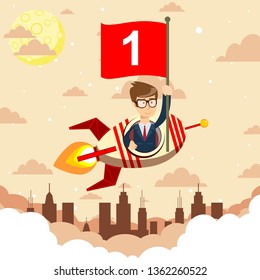 Happy businessman  on rocket ship flying through sky. Start up business concept.