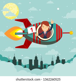 Happy businessman  on rocket ship flying through sky. Start up business concept.