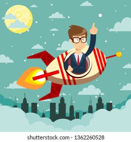 Happy businessman  on rocket ship flying through sky. Start up business concept.