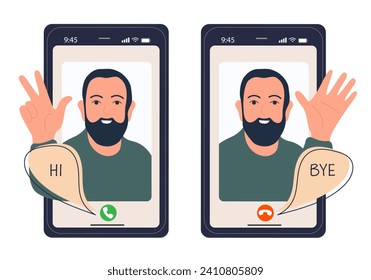 Happy Businessman on the screen smartphone with answer and decline buttons on screen. Hi and Bye bubbles on telephone display. Flat vector illustration isolated on white background