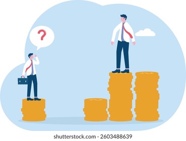Happy businessman on several stacks of gold coins and another businessman only has a few. Investment concept.

