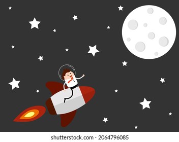 Happy Businessman on a Startup Rocket on the Way to the Moon. Business success and management concept.