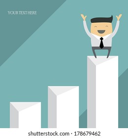 Happy businessman on top of the chart. Career success. Vector illustration.