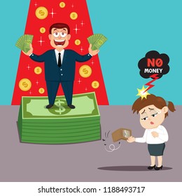Happy businessman on top of the money and sad businesswoman no money
