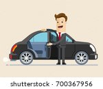 Happy businessman open the door of black executive vip car. Business and finance concept. Vector, Illustration, Flat