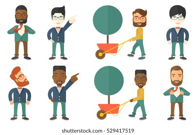 Happy businessman opening his jacket like superhero. Cheerful businessman superhero. Young businessman taking off his jacket like superhero. Set of vector illustrations isolated on white background.