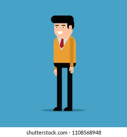 Happy businessman in an orange shirt, isolated on blue background