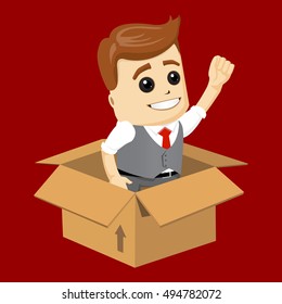 Happy businessman outside the box. Flat illustration. Businessman out of box. 