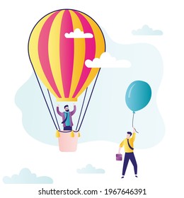 Happy businessman overtakes competitor. Entrepreneur in big hot air balloon flies higher. Concept of leadership and business competition. Frustrated man lags behind opponent. Flat vector illustration