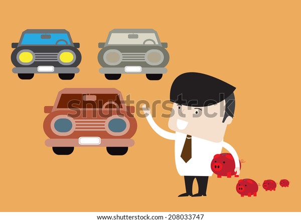 Happy businessman with piggy bank\
buying car. Saving and investment concept. Vetor EPS\
10.