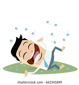 happy businessman playing with spring flowers