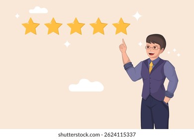 Happy Businessman Pointing at Five Star Rating for Excellent Customer Feedback and Satisfaction.