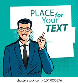 Happy businessman pointing index finger at important information. Business concept. Cartoon vector illustration