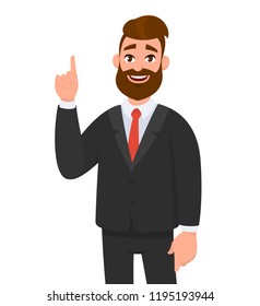 Happy businessman pointing up index finger gesture to copy space. Businessman emotion and body language concept illustration in vector cartoon style. 