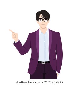 Happy businessman pointing up index finger gesture to copy space. Flat vector illustration isolated on white background