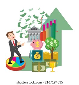 Happy businessman poiting at money and business succession planning, illustrator vector cartoon drawing
