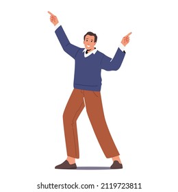 Happy Businessman Positive Emotions, Adult Man Pointing with Index Fingers, Joyful Male Character Wearing Blue Sweater and Brown Pants Isolated on White Background. Cartoon People Vector Illustration