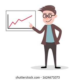 Happy businessman present and pointing a graph on billboard. Cartoon flat vector.