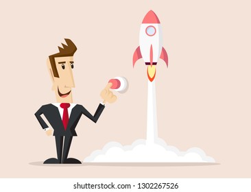  Happy businessman press button and launch rocket. Concept of business start-up, boost or success
