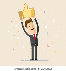 Happy businessman with prize "thumbs up"  sign. Businessman holds the prize over head. Likes and positive feedback concept. Vector, illustration, flat