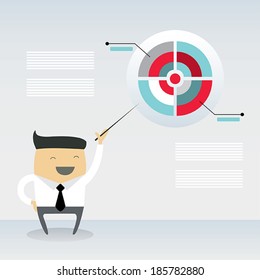 Happy businessman proudly present growing business statistics and profit. Business concept. Vector illustration.
