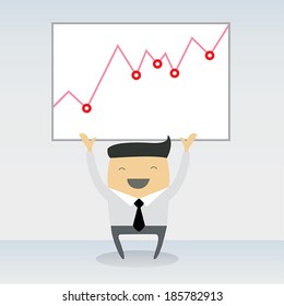 Happy businessman proudly present growing business statistics and profit. Business concept. Vector illustration.