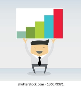 Happy businessman proudly present growing business statistics and profit. Business concept. Vector illustration.