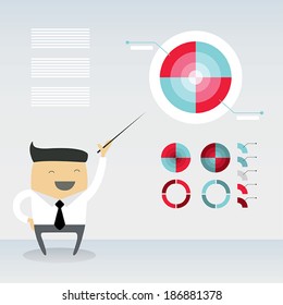 Happy businessman proudly present growing business statistics and profit. Business concept. Vector illustration.