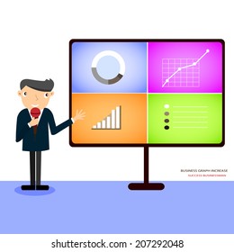 Happy businessman proudly present growing business statistics and profit. Business concept. Vector illustration. 