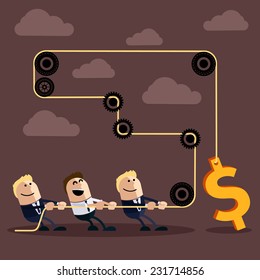 Happy businessman pulling rope with dollar through several intermediaries gears cartoon flat design style