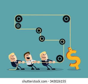 Happy businessman pulling rope with dollar through several intermediaries gears cartoon flat design style. Team, teamwork concept, working together, collaboration, business teamwork,  leadership