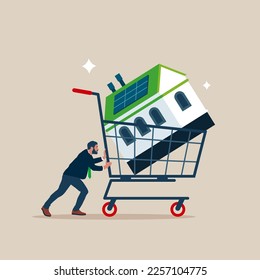 Feliz hombre de negocios empujando una nueva casa dentro del carro de la compra. Inversión inmobiliaria o concepto hipotecario.  Ilustración vectorial moderna en estilo plano