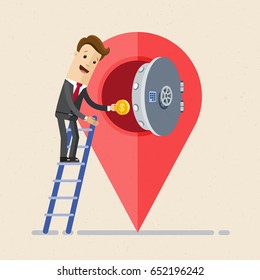 Happy businessman  puts money in a secret safe in a large map pointer. Business and investment  location.  Vector, illustration, flat