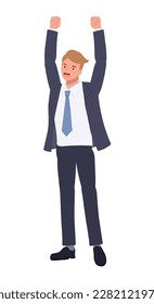 Happy businessman raises his hands up in joy. victory.  Flat vector cartoon illustration 