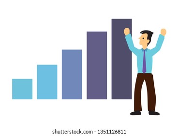 Happy businessman with raising arm when he saw the growth of the graph; Concept of growth and successful. Vector illustration.