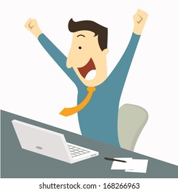 Happy businessman raising hands with clenched fists, sitting at his working desk with laptop and paper note, being excited and cheerful. Representing to getting a job or having a good news.