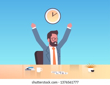 happy businessman raising hands expressing success effective time management concept cheerful business man sitting workplace desk male cartoon character portrait horizontal