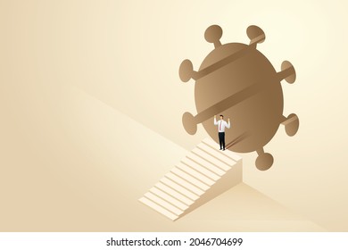 Happy businessman raising his hand and standing in front of tunnel exit, COVID-19 image. Concept of overcoming coronavirus through economic downturn. isometric vector illustration.