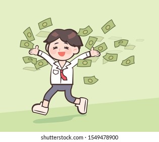 Happy businessman receives a lot of money and runs with joy. Business concept illustration